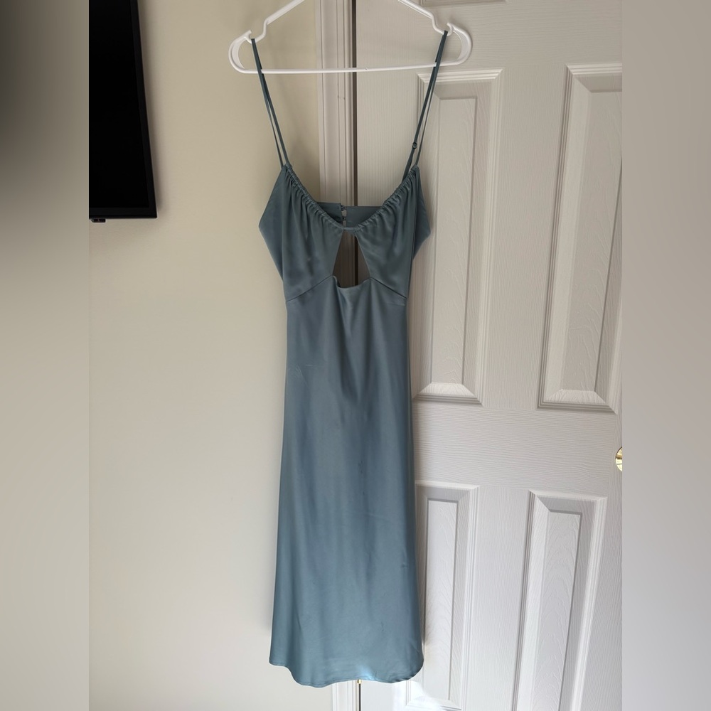 Petal & Pup Dusty Blue Silky Mini Dress – Size S, Cutout & Open Back